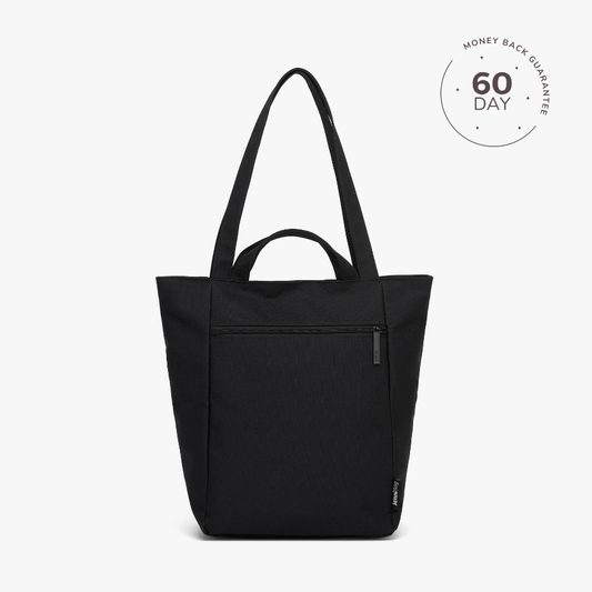 Black tote bag on a white background with a '60 Day Money Back Guarantee' badge.