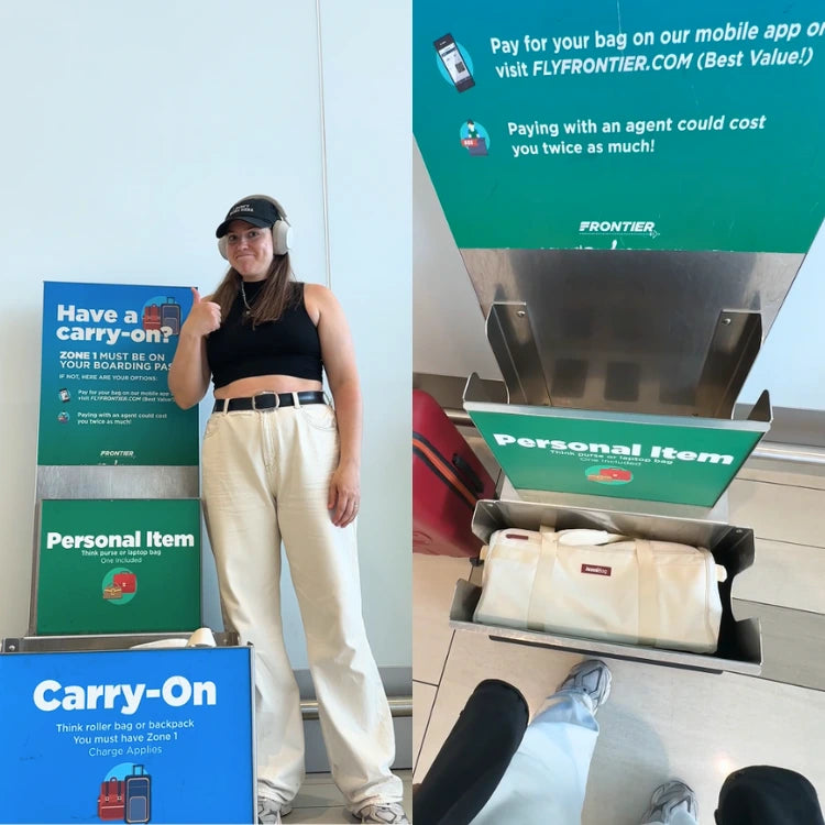 Woman standing next to a luggage scale with promotional signs for Frontier Airlines.