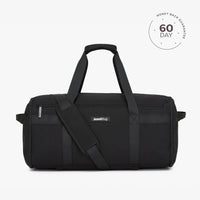 A beige travel duffel bag with multiple compartments and a shoulder strap, displayed against a white background with a '60 DAY' guarantee seal in the top right corner.