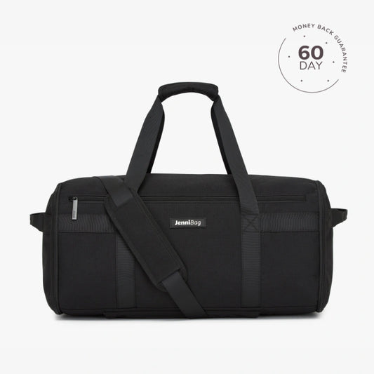 A beige travel duffel bag with multiple compartments and a shoulder strap, displayed against a white background with a '60 DAY' guarantee seal in the top right corner.