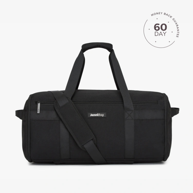 A beige travel duffel bag with multiple compartments and a shoulder strap, displayed against a white background with a '60 DAY' guarantee seal in the top right corner.