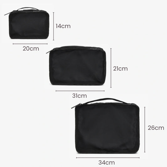 Black pouch with measurements displayed for each side.