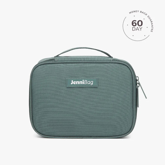 A beige cosmetic bag with the brand name JenniBag printed on the front, displayed against a white background with a '60 DAY' guarantee seal in the top right corner.