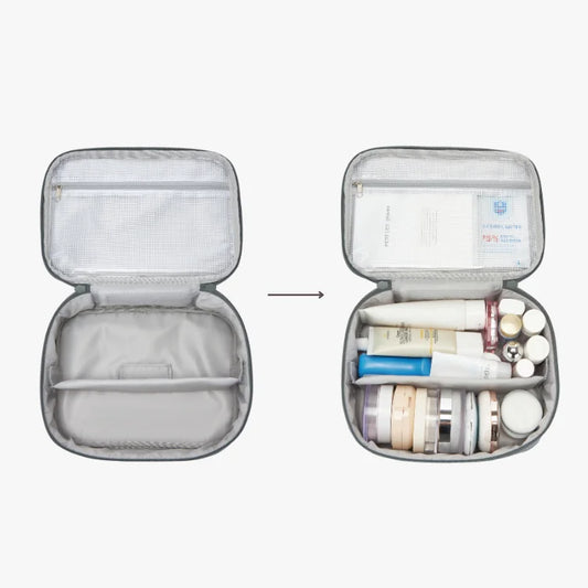 Portable cosmetic case with toiletries on a white background