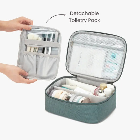 Detachable toiletry pack with cosmetic items on a plain background