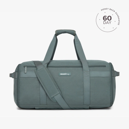 A beige travel duffel bag with multiple compartments and a shoulder strap, displayed against a white background with a '60 DAY' guarantee seal in the top right corner.