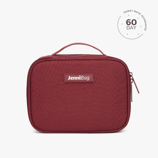 A beige cosmetic bag with the brand name JenniBag printed on the front, displayed against a white background with a '60 DAY' guarantee seal in the top right corner.