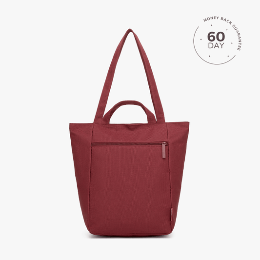 Red tote bag on a white background with a '60 Day Money Back Guarantee' badge.