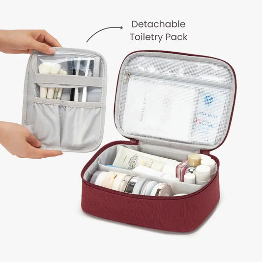 Detachable toiletry pack with cosmetic items on a plain background