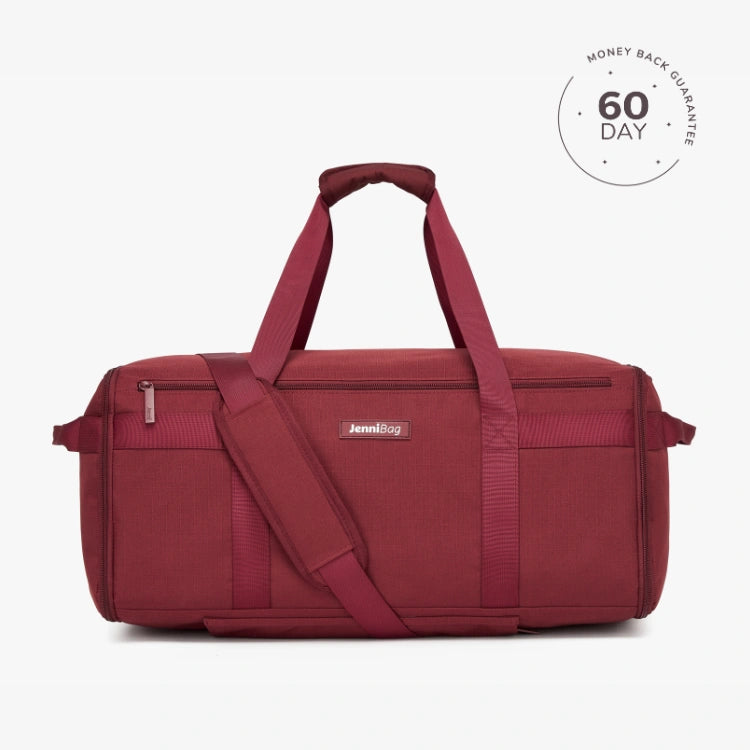 A beige travel duffel bag with multiple compartments and a shoulder strap, displayed against a white background with a '60 DAY' guarantee seal in the top right corner.