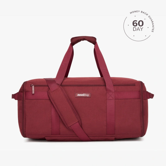 A beige travel duffel bag with multiple compartments and a shoulder strap, displayed against a white background with a '60 DAY' guarantee seal in the top right corner.