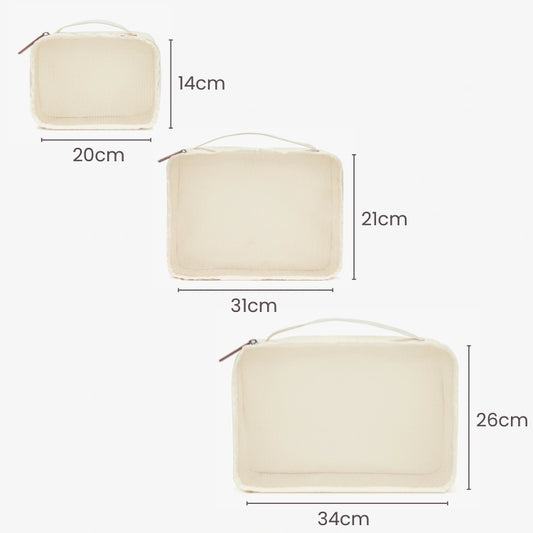 Three cream-colored pouches with dimensions labeled.