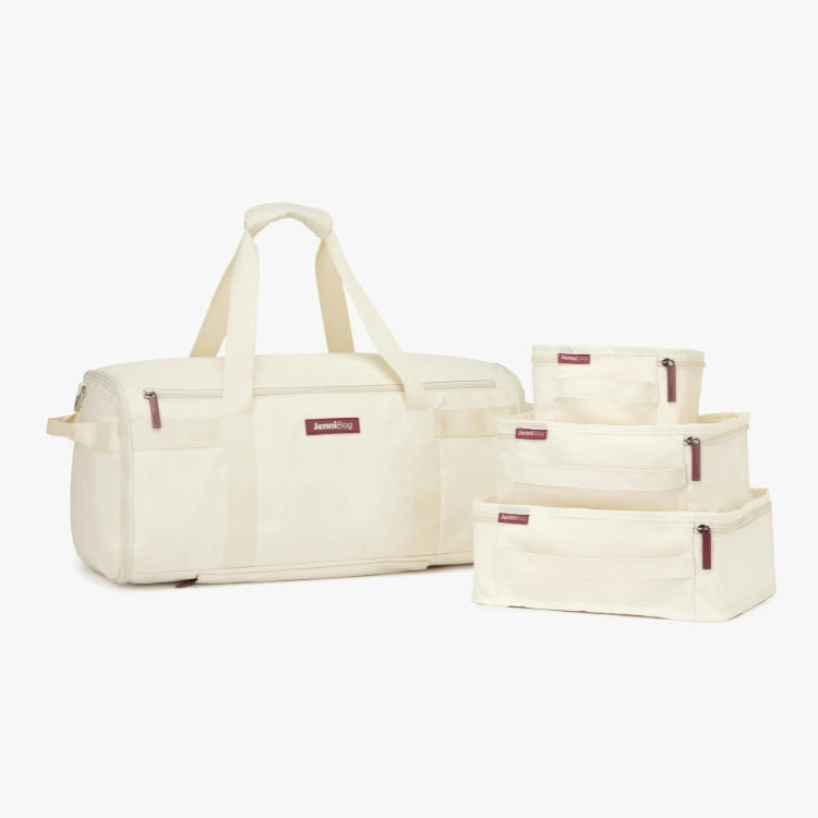 Set of cream-colored bags and containers on a white background