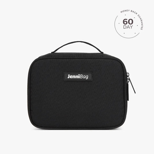 A beige cosmetic bag with the brand name JenniBag printed on the front, displayed against a white background with a '60 DAY' guarantee seal in the top right corner.