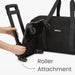 A hand attaching a black roller attachment to the bottom of a black bag, with the text 'Roller Attachment' labeled.