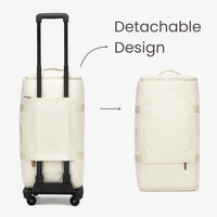 A white suitcase with a detachable design, displayed in two orientations showing the front and side profiles. The front view highlights the detachable handle and the side view shows the compact, flat design of the backpack.