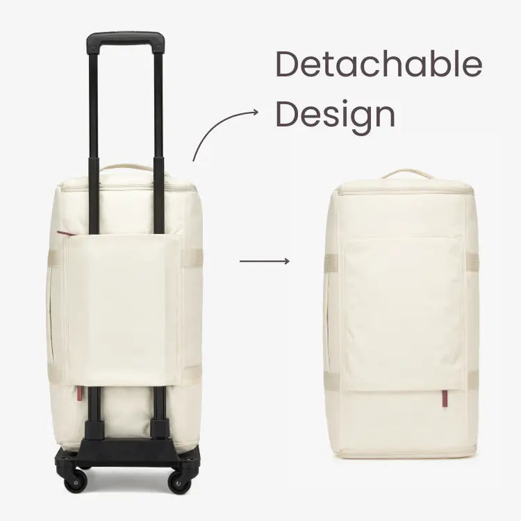 A white suitcase with a detachable design, displayed in two orientations showing the front and side profiles. The front view highlights the detachable handle and the side view shows the compact, flat design of the backpack.