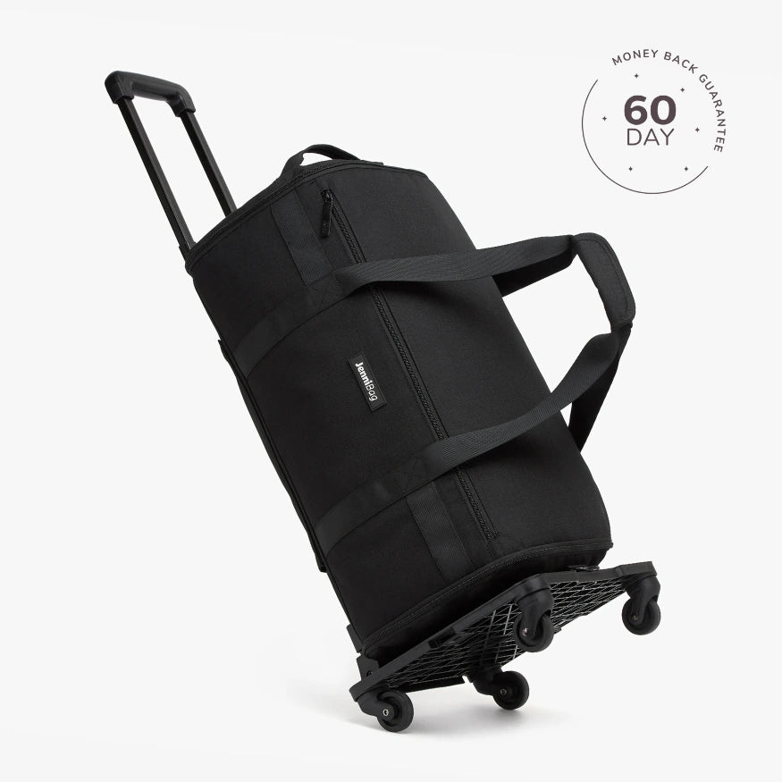 Black rolling duffel bag on a white background with a brand logo and '60 Day Money Back Guarantee' badge.