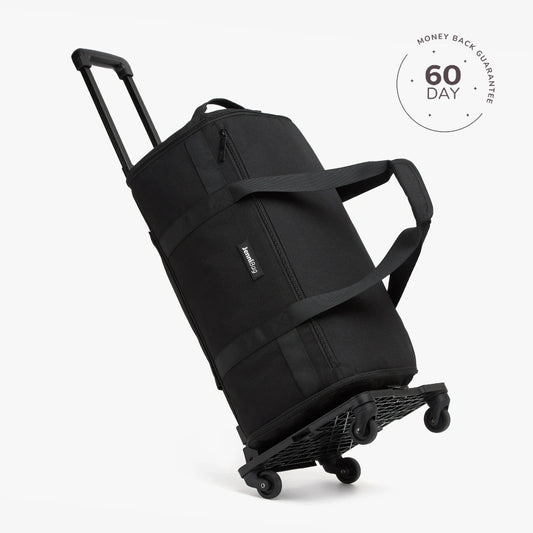 Black rolling duffel bag on a white background with a brand logo and '60 Day Money Back Guarantee' badge.