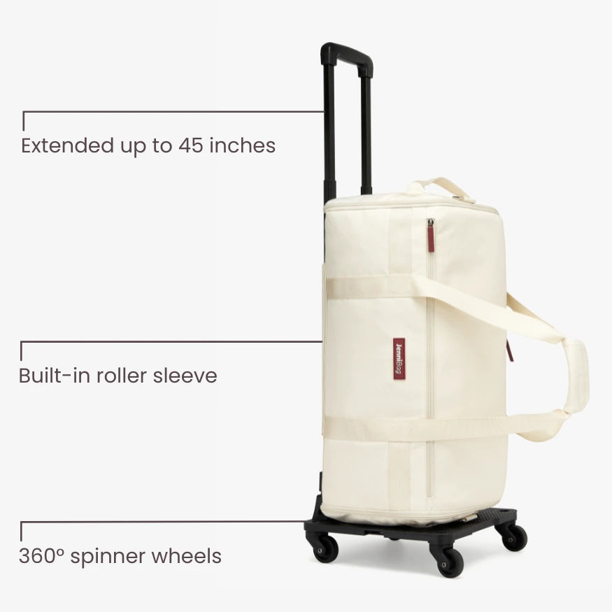 White suitcase with extended handle, built-in roller sleeve, and 360-degree spinner wheels on a white background.