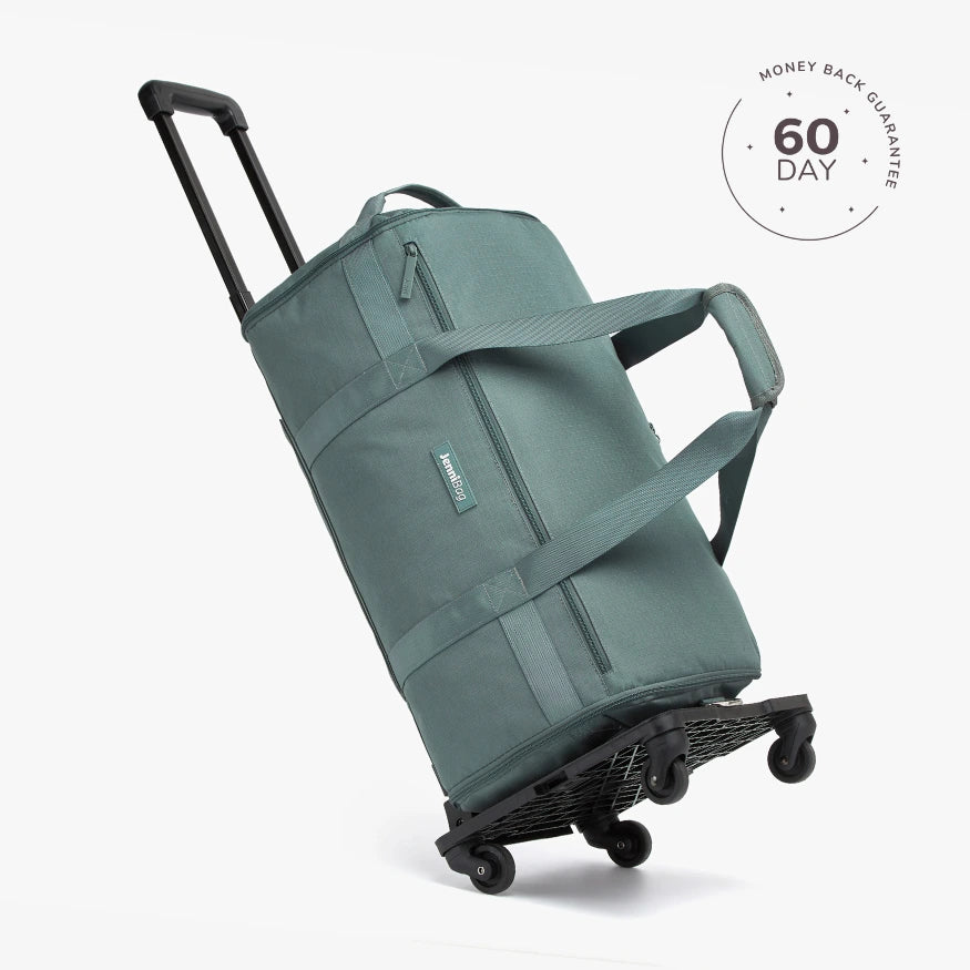 Green rolling duffel bag on a white background with a '60 Day Money Back Guarantee' badge.