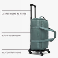 Green suitcase with extended handle, built-in roller sleeve, and 360-degree spinner wheels on a white background.