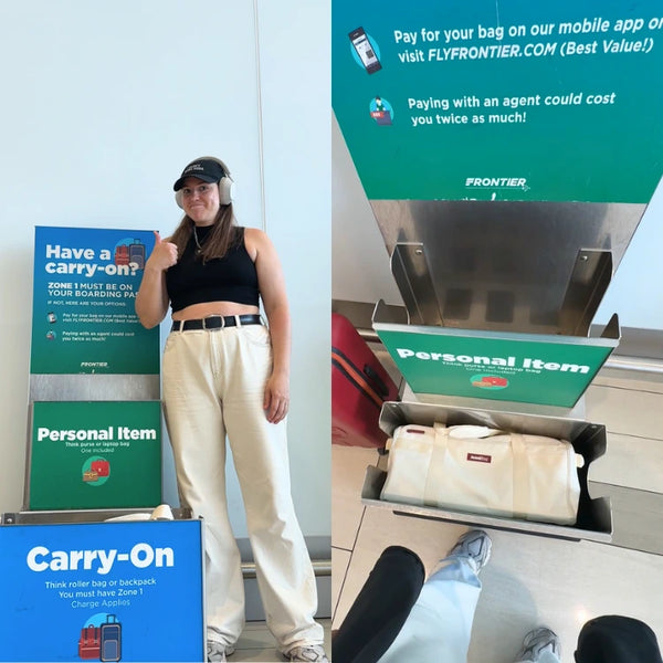 Traveler beside Frontier Airlines carry-on and personal-item signs, and a cream JenniBag inside Frontier’s personal-item sizer