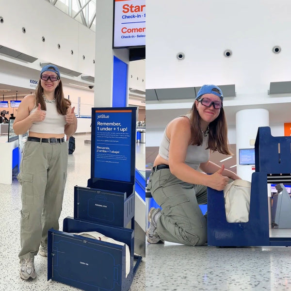 Two views of a traveler placing a cream JenniBag into JetBlue’s bag sizer