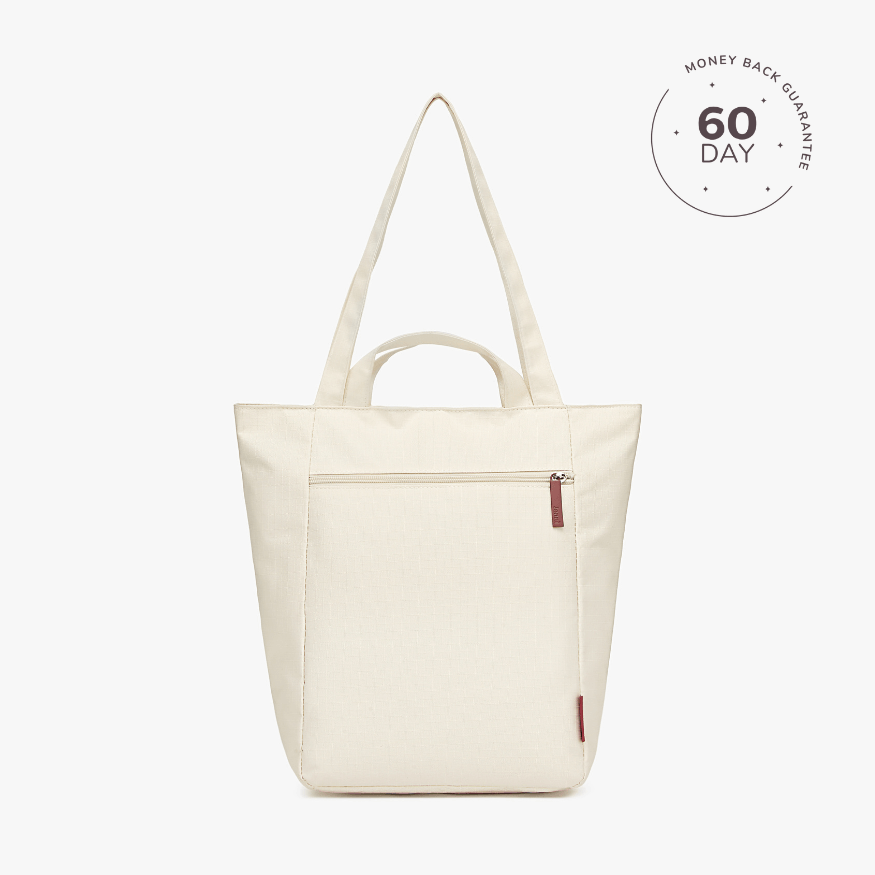 Beige tote bag with a zipper on a white background