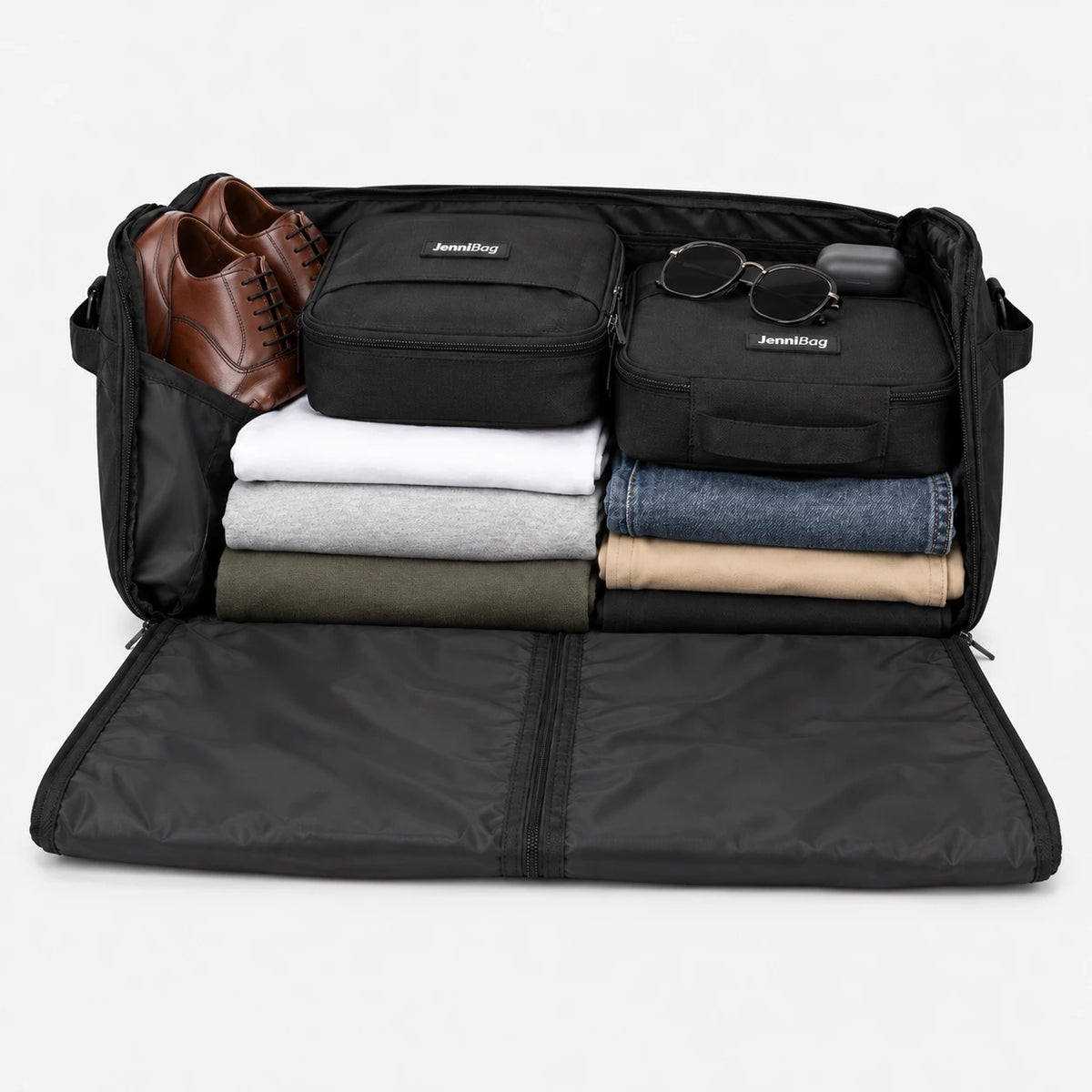 The opened bag with folded shirts and trousers in the main compartment and loafers in a side shoe compartment.
