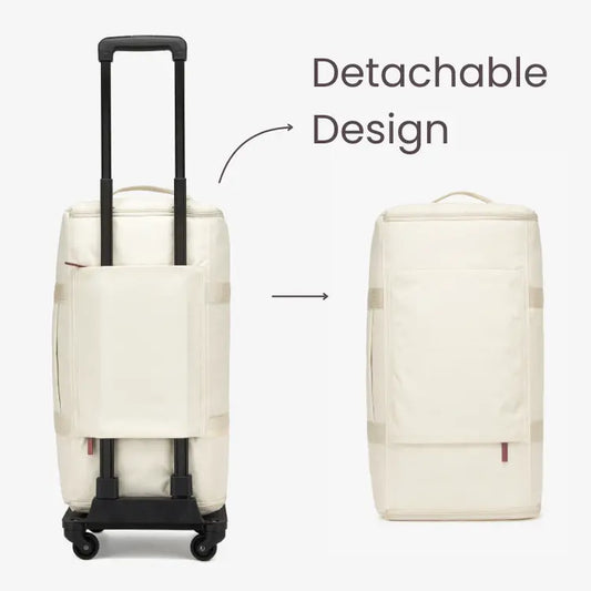 A white suitcase with a detachable design, displayed in two orientations showing the front and side profiles. The front view highlights the detachable handle and the side view shows the compact, flat design of the backpack.