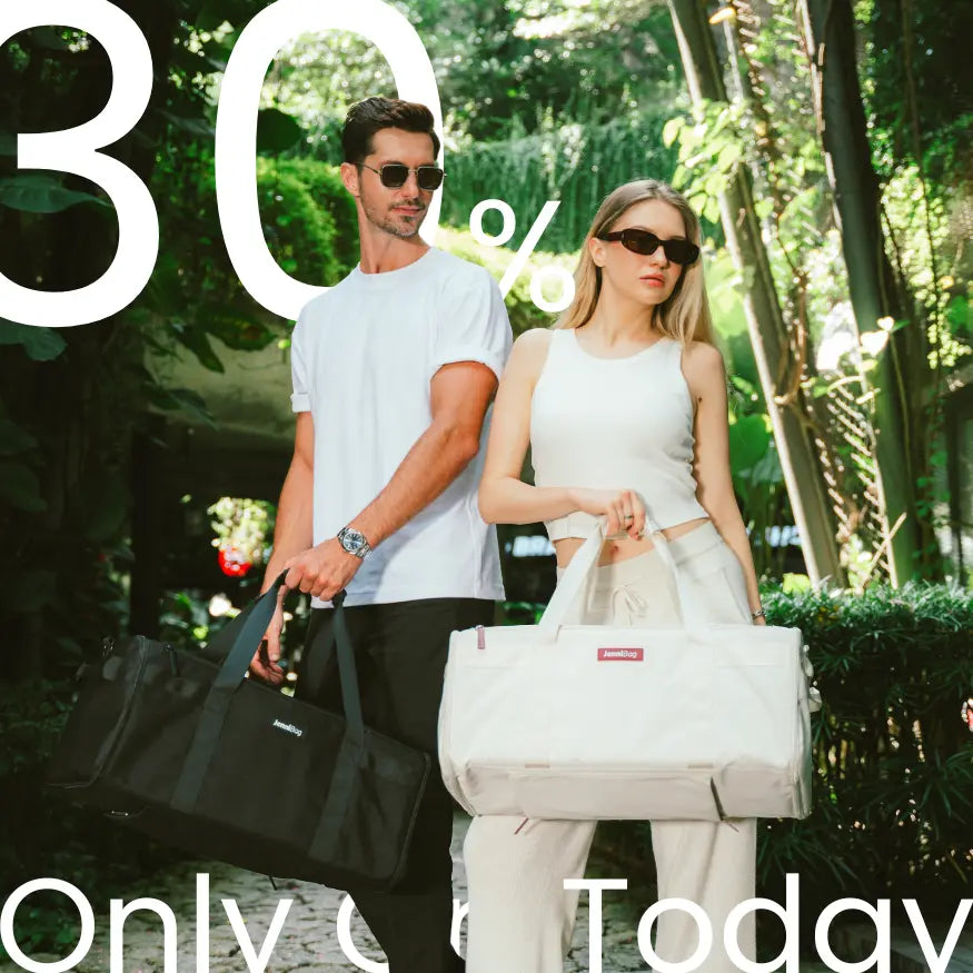 Man and woman walking outdoors with bags, promotional text overlay