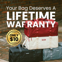 The image shows a bag with a text overlay that reads 'Your Bag Deserves A LIFETIME WARRANTY' and a promotional price of ' ONLY $10'. The bag appears to be made of canvas material and is shown in a red color.
