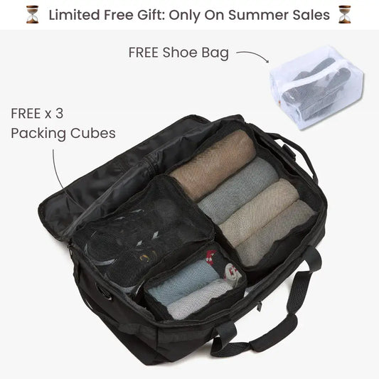 Black travel bag with folded clothes and a free shoe bag and packing cubes on a white background