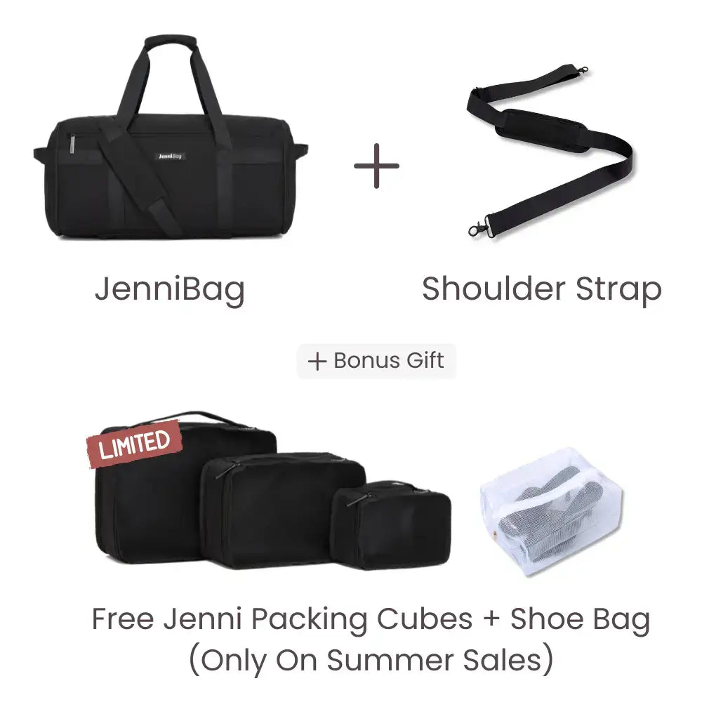 Black JenniBag with shoulder strap and free gift items on a white background