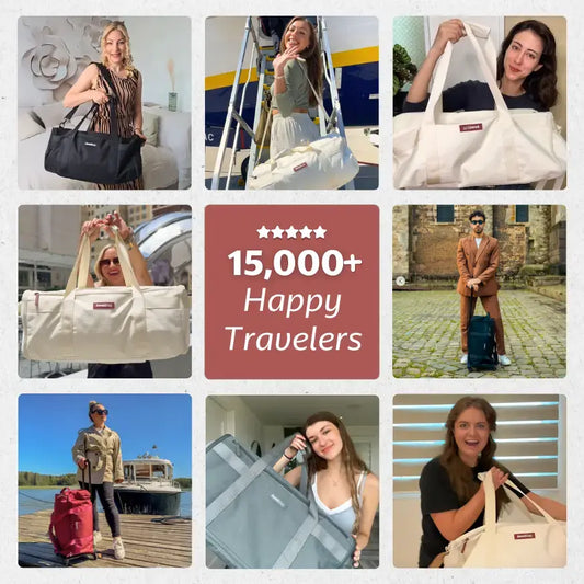 Collage of people holding bags with a central text block indicating '15,000+ Happy Travelers'.