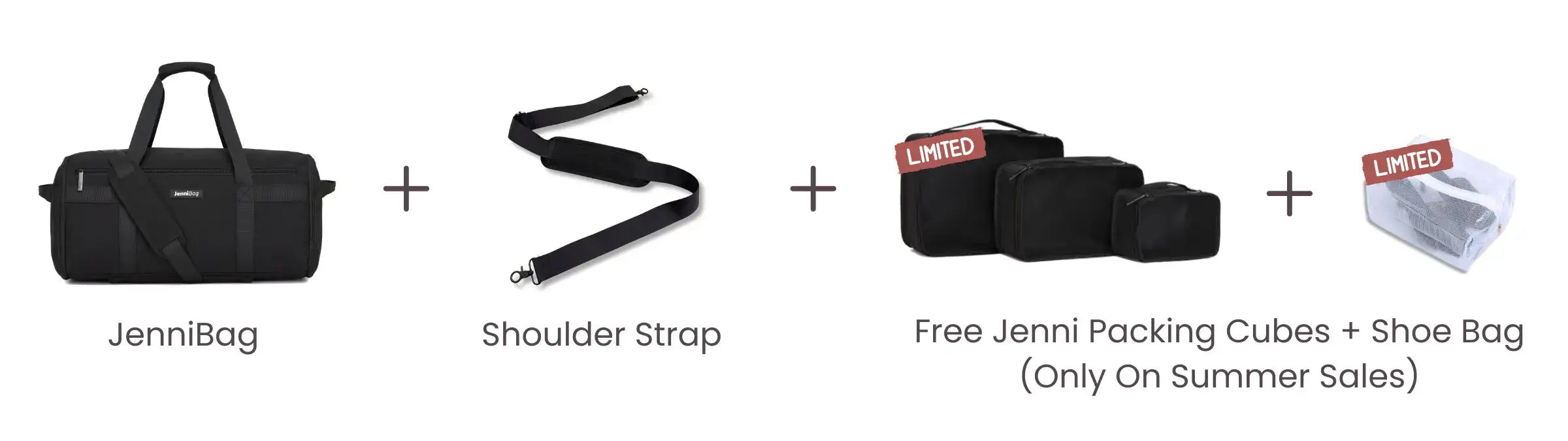 JenniBag with shoulder strap and free packing cubes/shoe bag offer on a white background