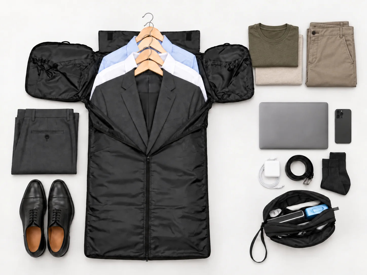 Overhead layout beside the opened bag: grey suit with blue and white dress shirts on hangers, folded trousers, black dress shoes, a T-shirt and chinos, laptop, phone, charger, belt, socks and a black tech organizer.